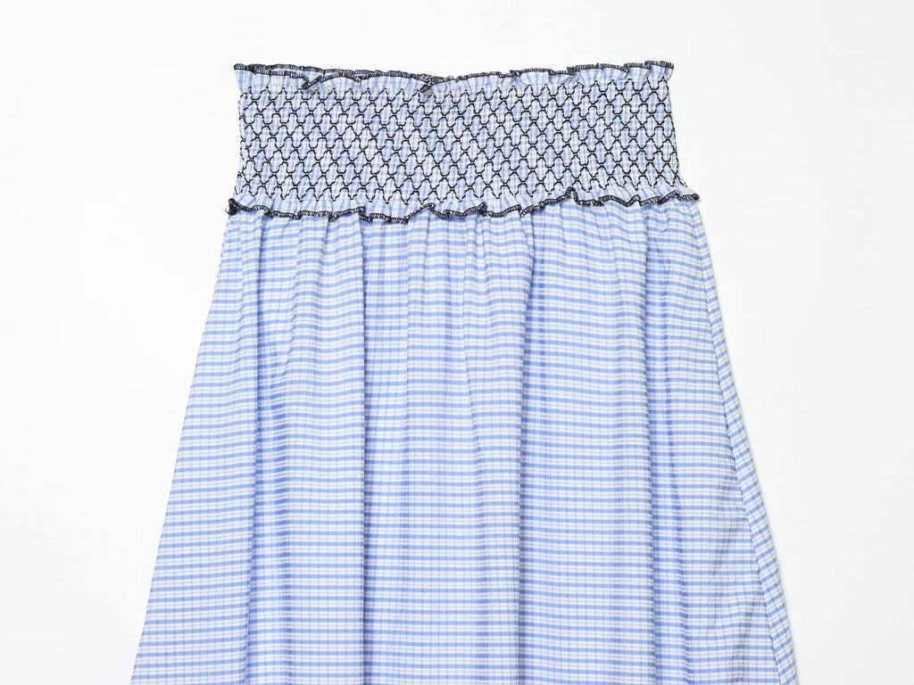 Women Clothing Summer Fashionable Lace Embroidered Plaid Midi Skirt