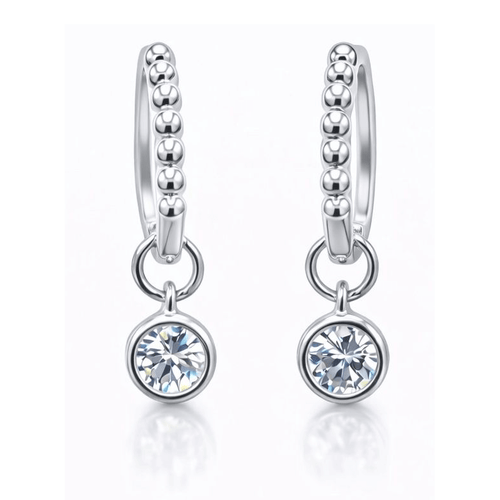 1CTW Created Moissanite Beaded Hoop Drop Earrings in 14kt Gold Over Sterling Silver - Round or Cushion Cut