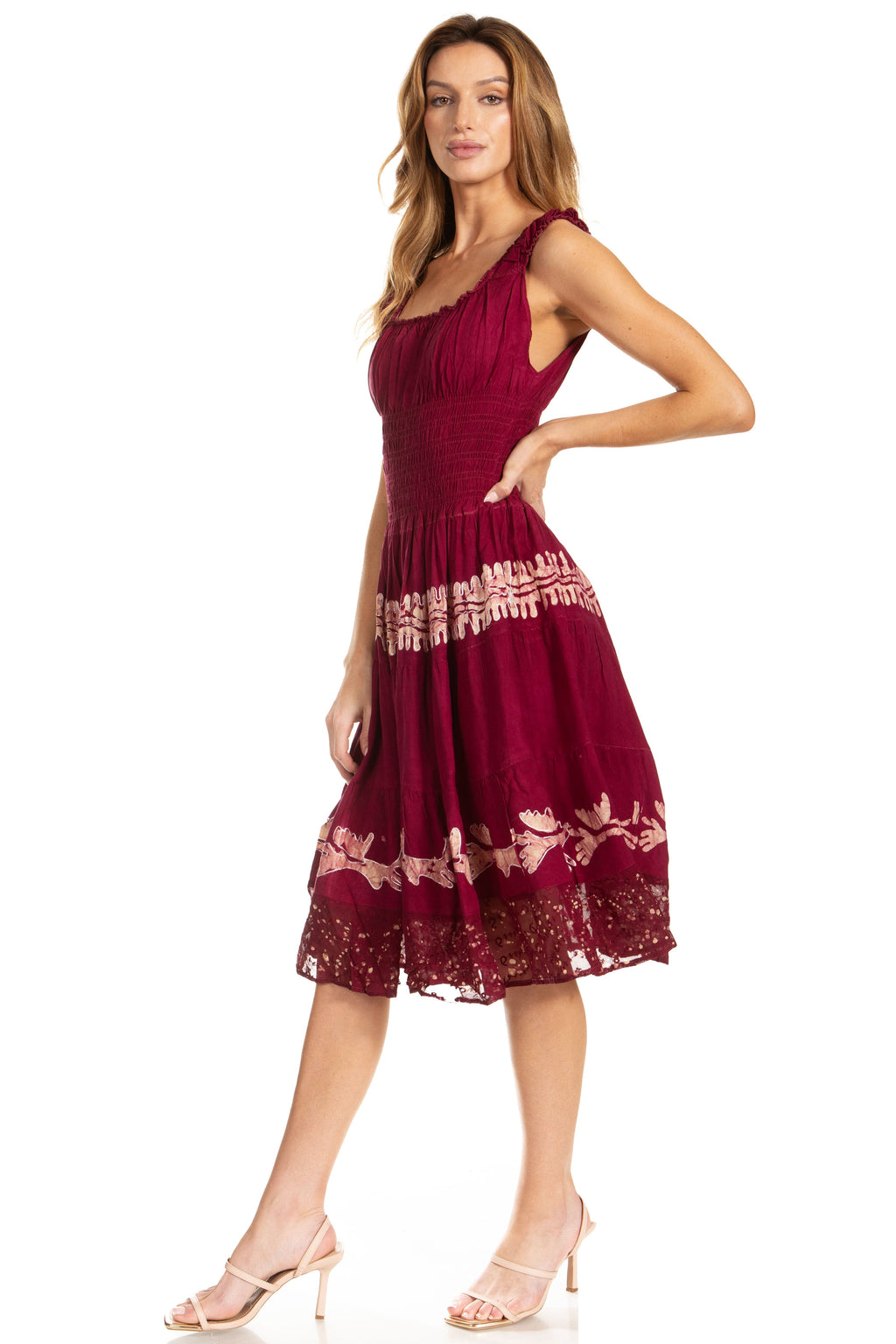 Sakkas Alba Women's Off The Shoulder Smock Ruffle Midi Dress Tie Dye & Embroidery