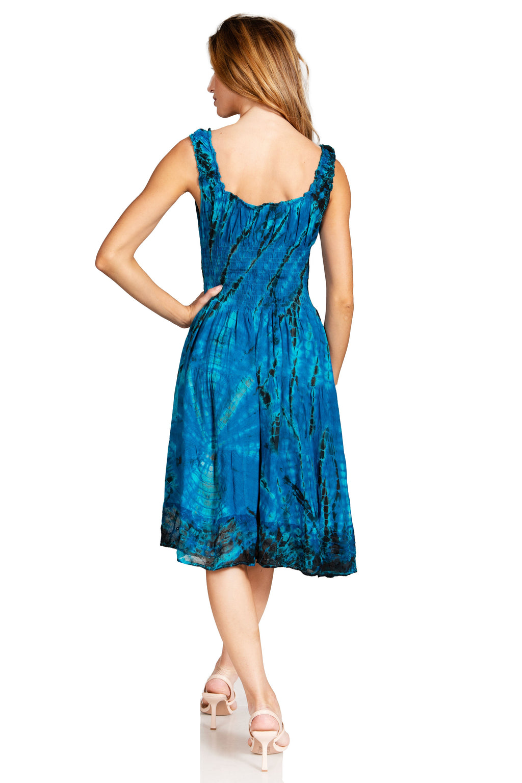 Sakkas Alba Women's Off The Shoulder Smock Ruffle Midi Dress Tie Dye & Embroidery