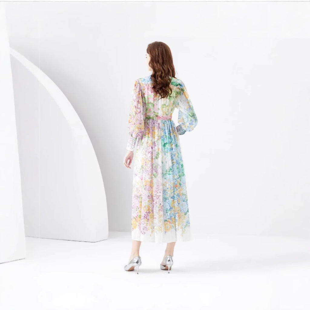 Early Spring Fashion Court Style Dress - Vintage Print Mandarin Collar Long Sleeve Flared Maxi Gown