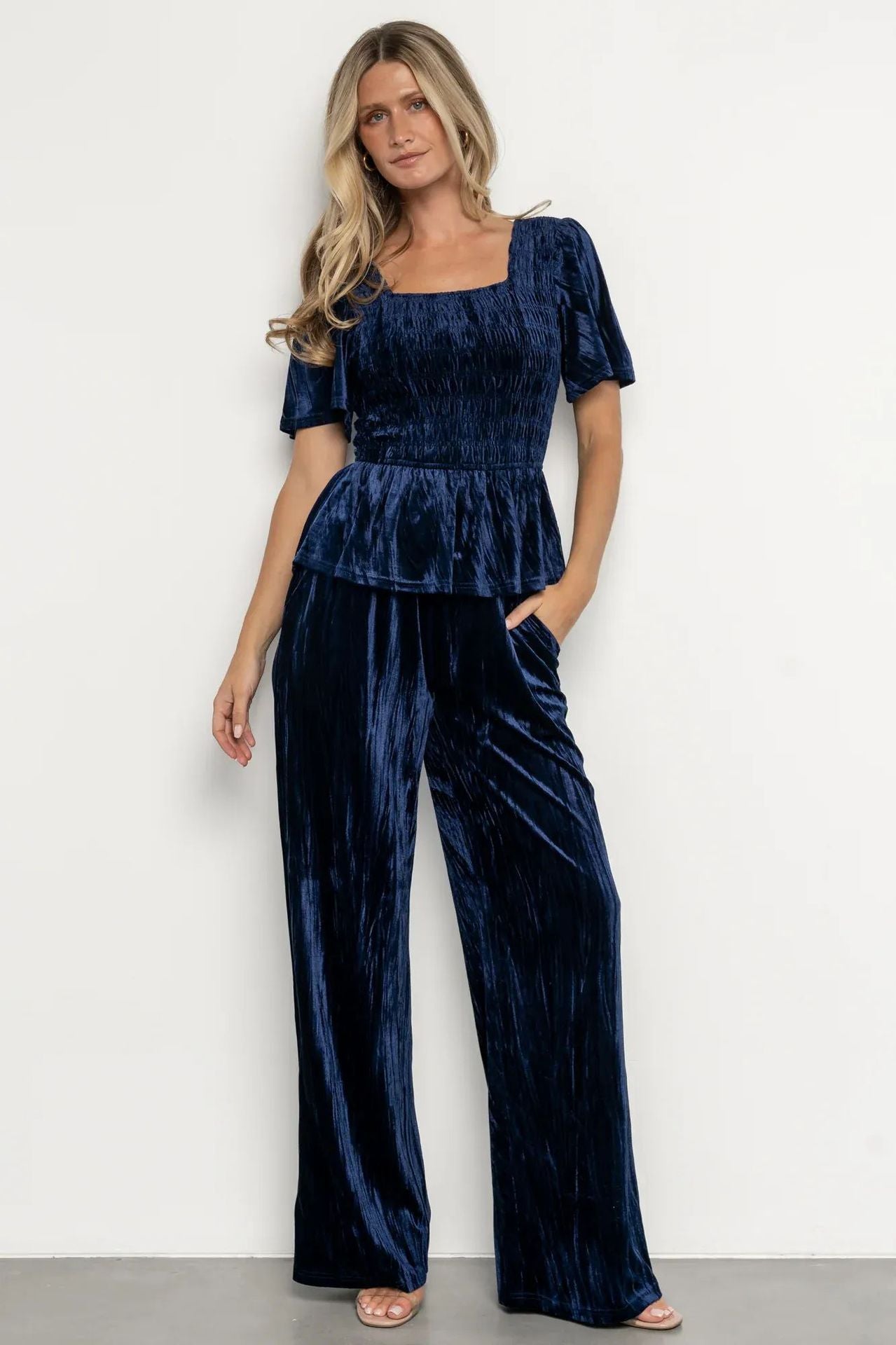 Velvet Women Solid Color Pleated Slim Casual Short Sleeved T shirt Pants Wide Leg Two Piece Set