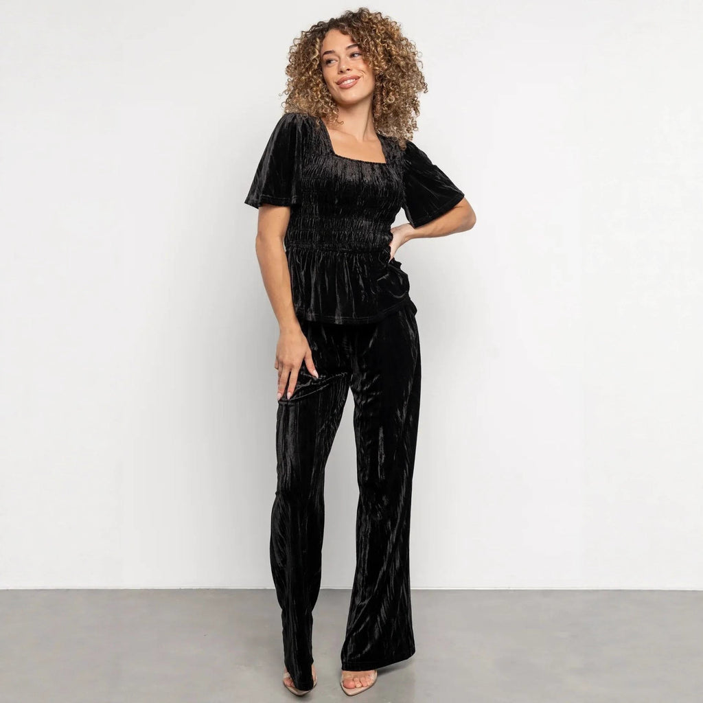 Velvet Women Solid Color Pleated Slim Casual Short Sleeved T shirt Pants Wide Leg Two Piece Set