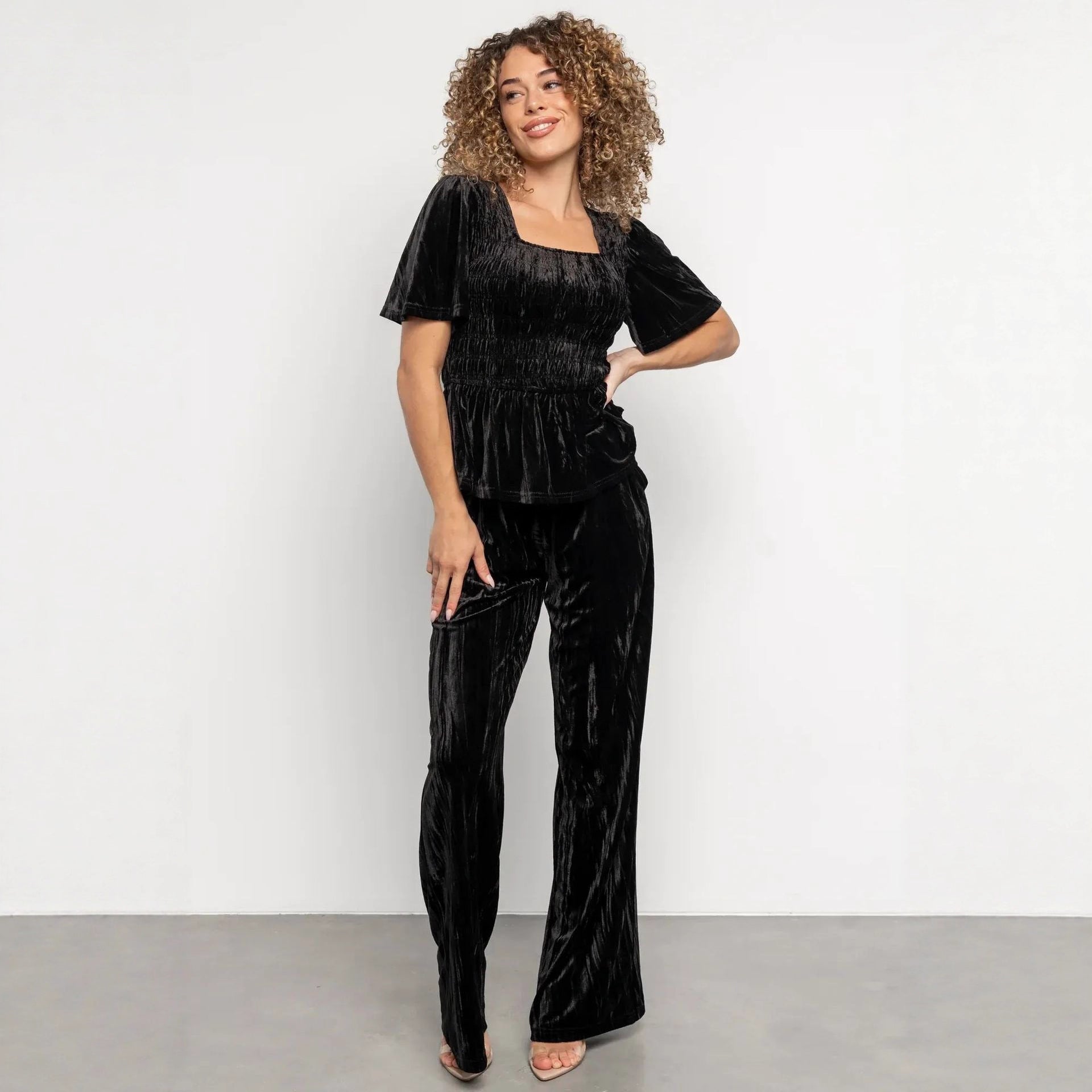 Velvet Women Solid Color Pleated Slim Casual Short Sleeved T shirt Pants Wide Leg Two Piece Set