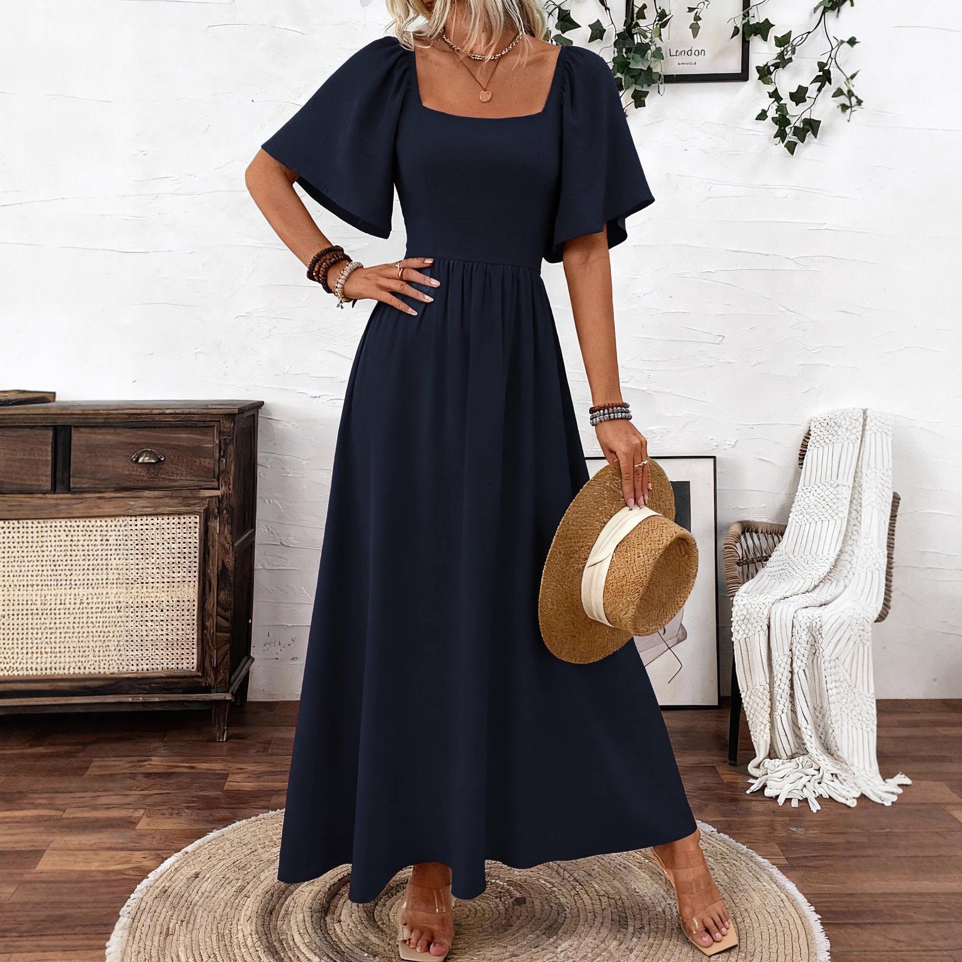 Ladies Spring Summer Bohemian Square Collar Fashion Elegant Generous Lotus Leaf Sleeve Women's Dress Dress