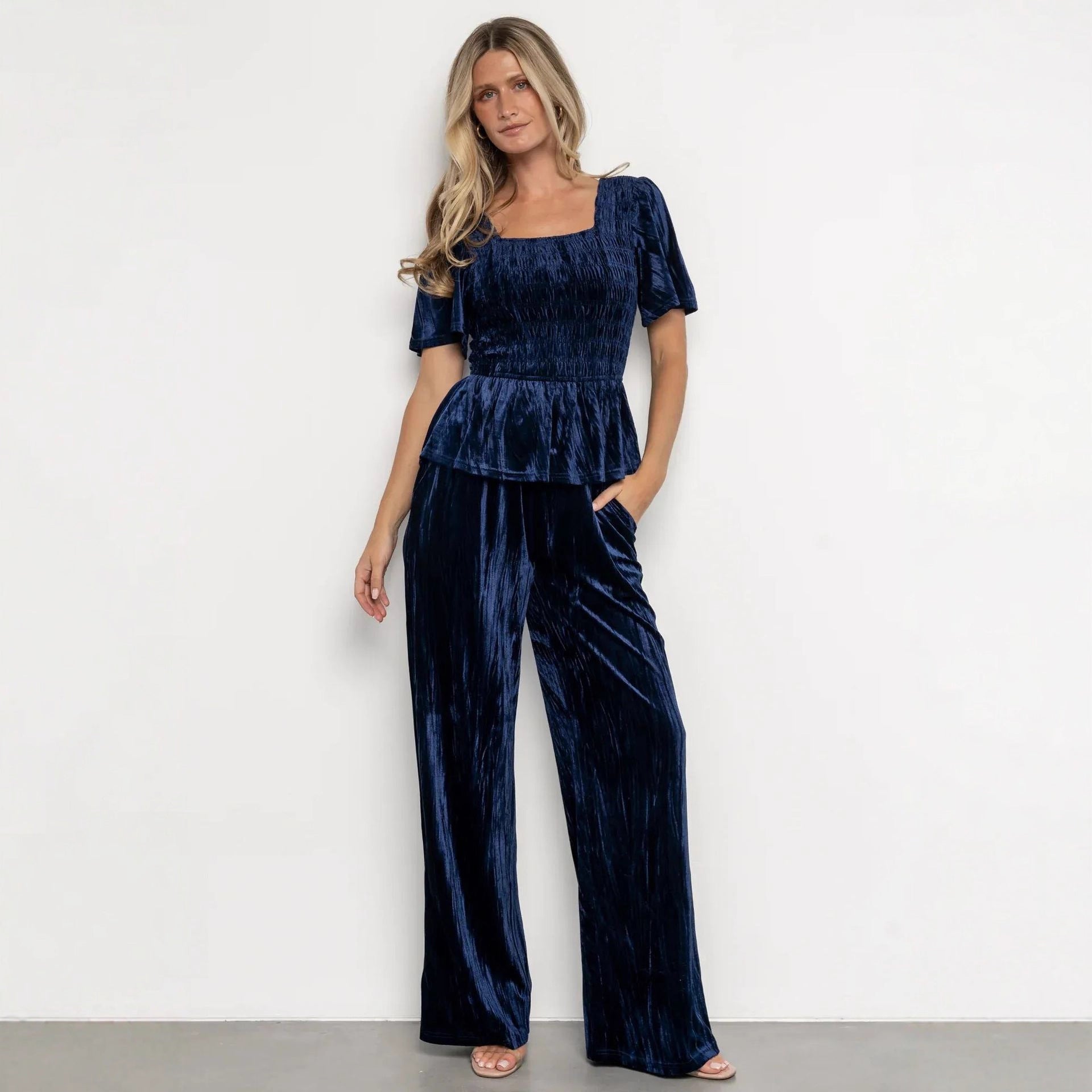 Velvet Women Solid Color Pleated Slim Casual Short Sleeved T shirt Pants Wide Leg Two Piece Set