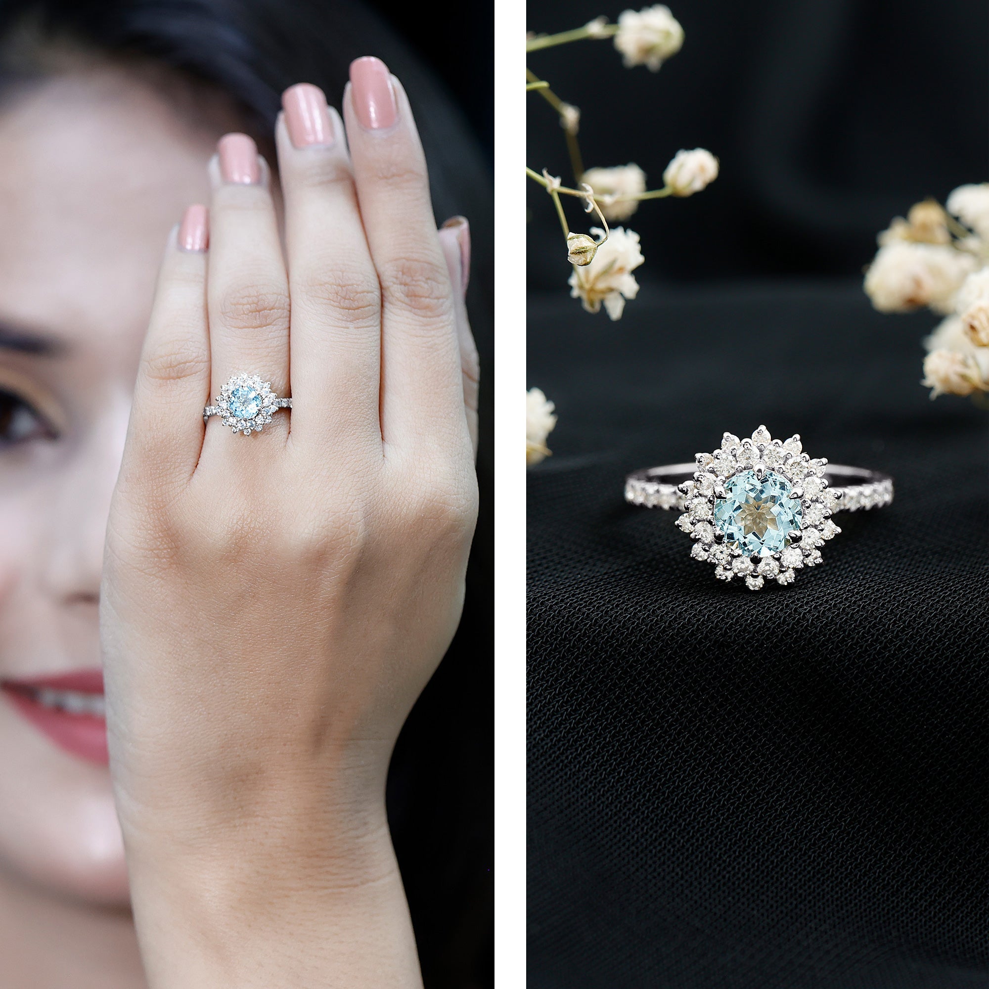 Genuine Aquamarine Cluster Engagement Ring With Certificate