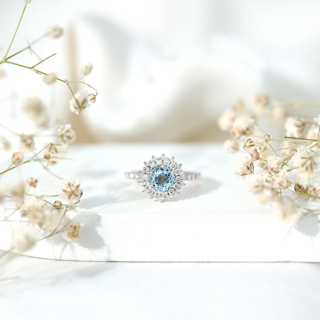 Genuine Aquamarine Cluster Engagement Ring With Certificate