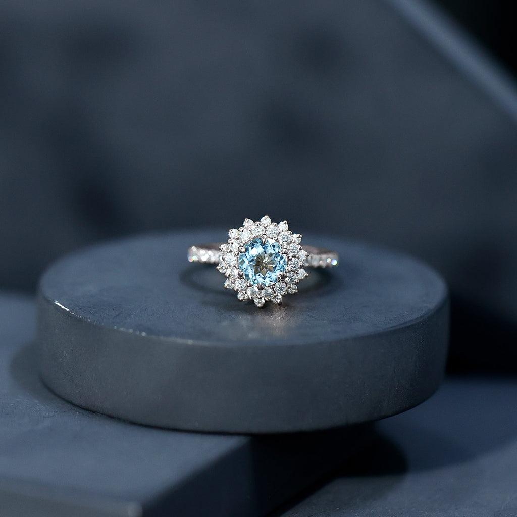 Genuine Aquamarine Cluster Engagement Ring With Certificate