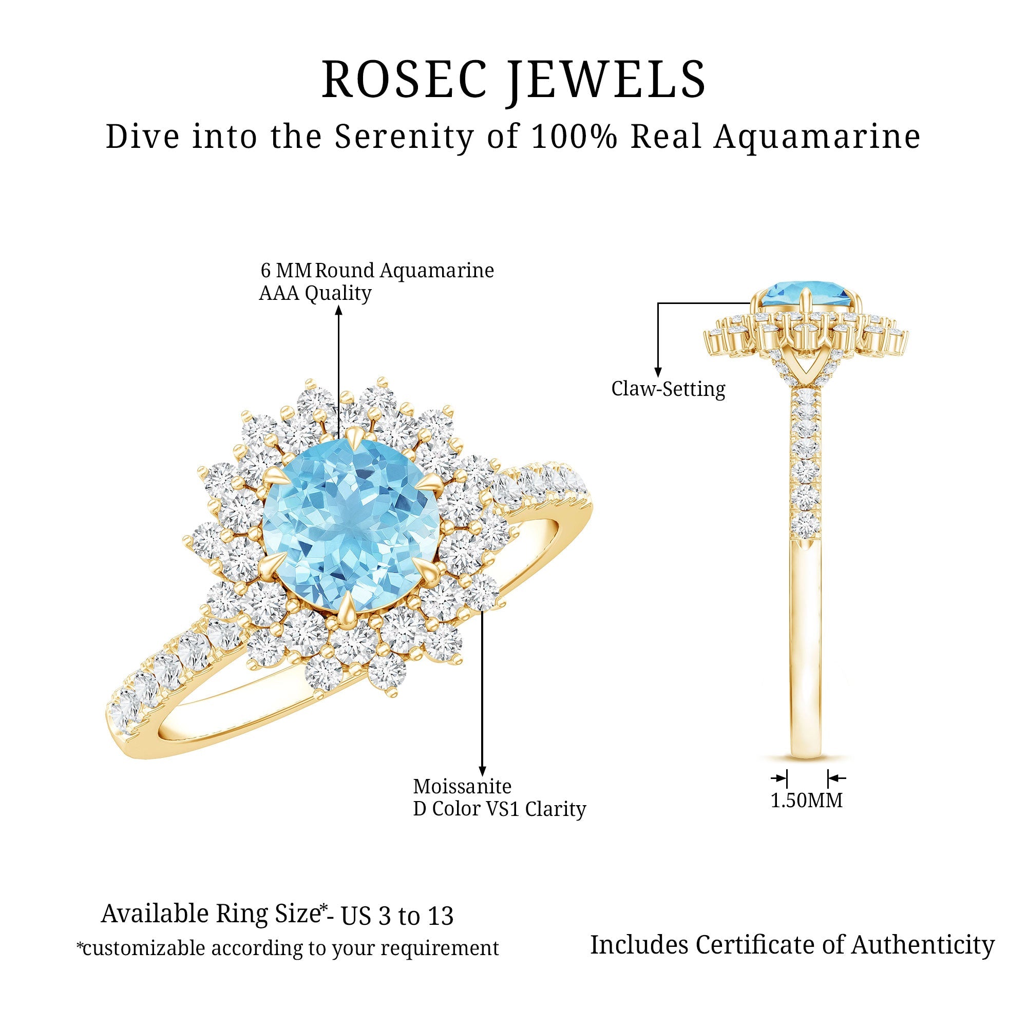 Genuine Aquamarine Cluster Engagement Ring With Certificate