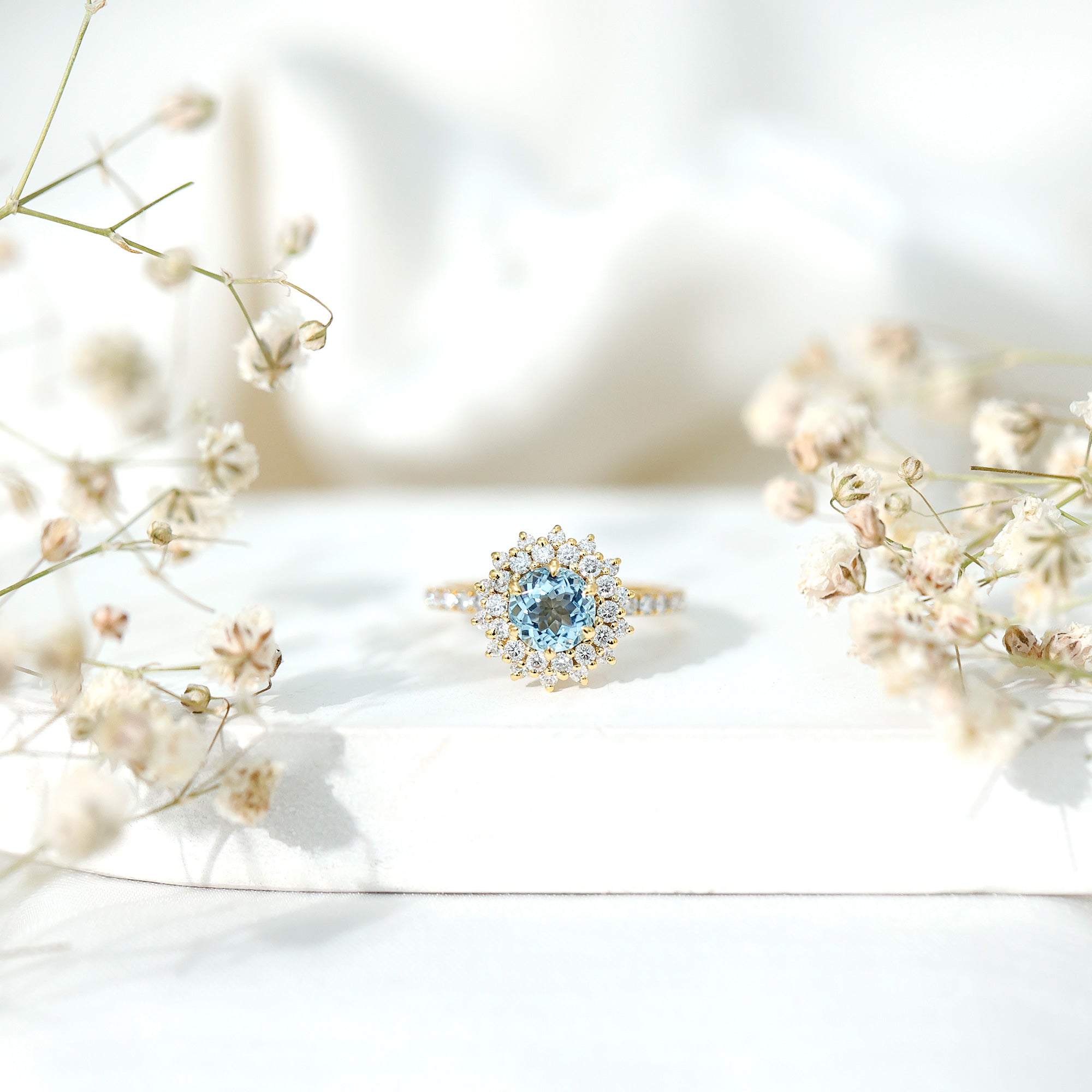 Genuine Aquamarine Cluster Engagement Ring With Certificate