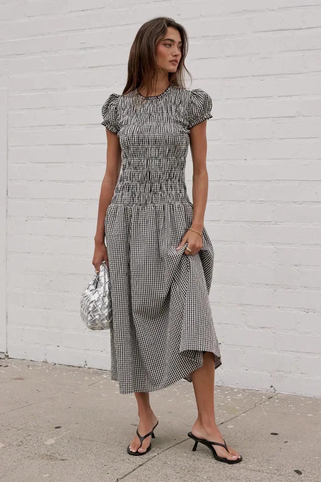 Women Smocked Dress Fashion Elegant Gingham Print Long Midi Dress Female Summer Short Sleeve Crew Neck Spring Dress Streetwear