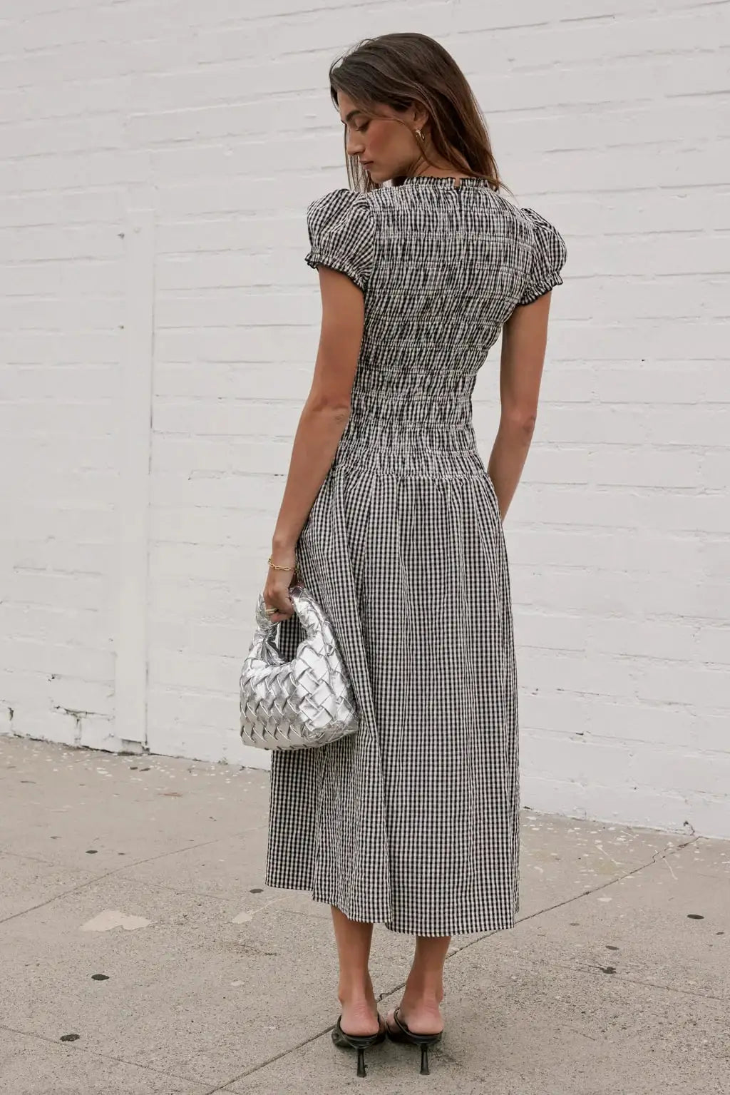 Women Smocked Dress Fashion Elegant Gingham Print Long Midi Dress Female Summer Short Sleeve Crew Neck Spring Dress Streetwear