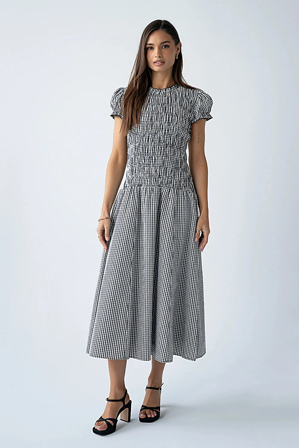 Women Smocked Dress Fashion Elegant Gingham Print Long Midi Dress Female Summer Short Sleeve Crew Neck Spring Dress Streetwear