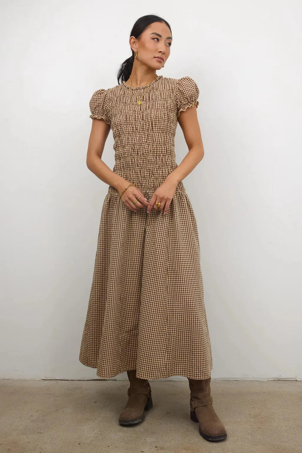 Women Smocked Dress Fashion Elegant Gingham Print Long Midi Dress Female Summer Short Sleeve Crew Neck Spring Dress Streetwear