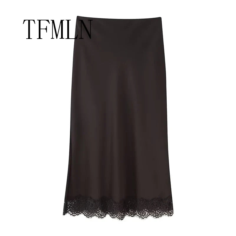 TFMLN Elegant Lace Splice Satin Half Skirt Women's Fashion Wrap Around Long Skirt High Quality Feel New 2025 Style