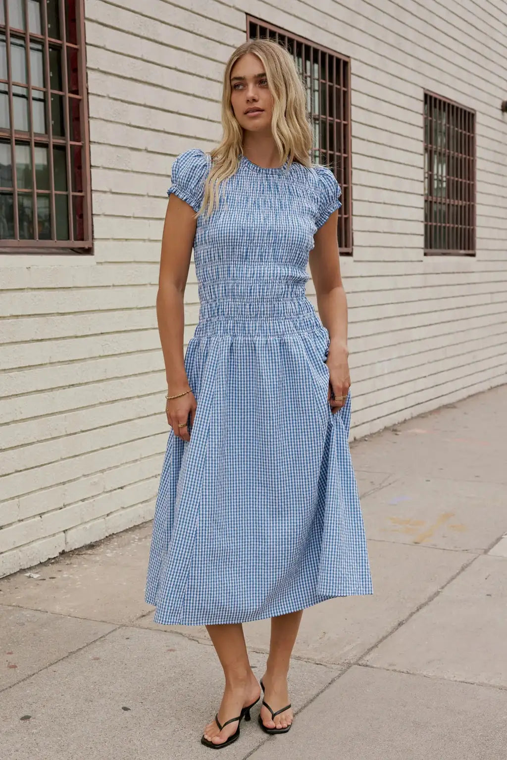 Women Smocked Dress Fashion Elegant Gingham Print Long Midi Dress Female Summer Short Sleeve Crew Neck Spring Dress Streetwear