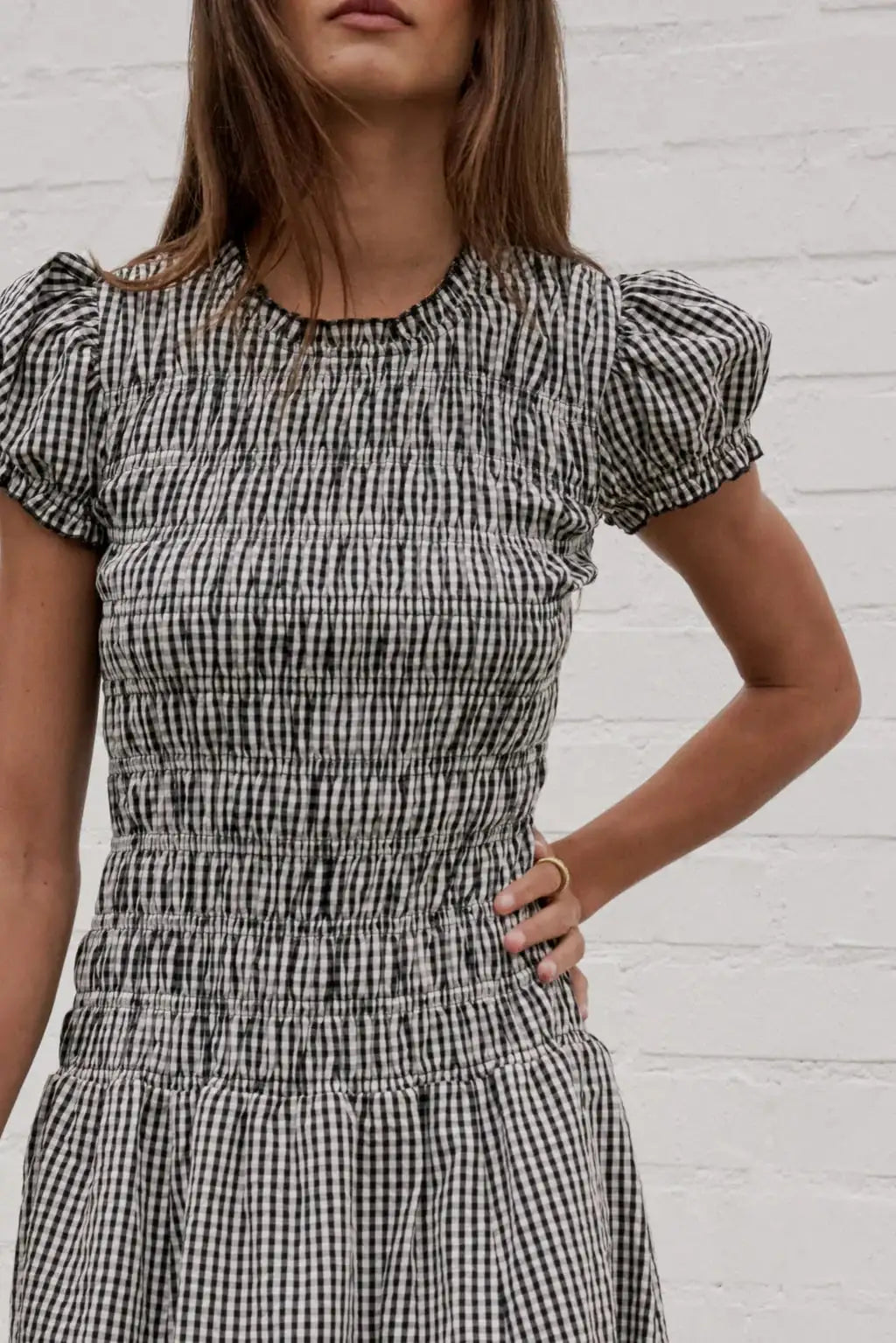 Women Smocked Dress Fashion Elegant Gingham Print Long Midi Dress Female Summer Short Sleeve Crew Neck Spring Dress Streetwear