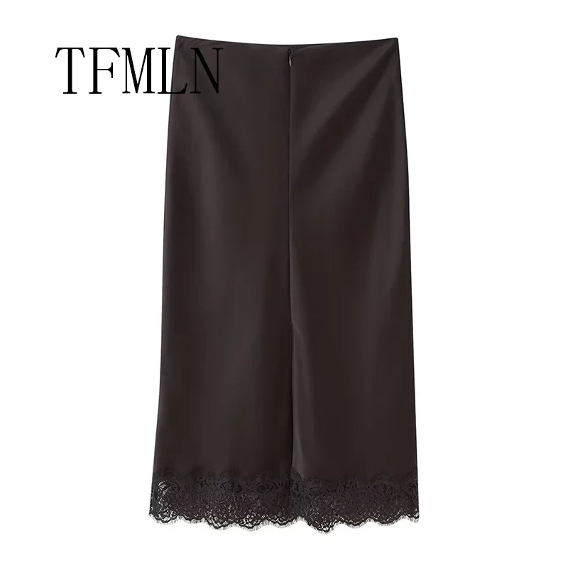 TFMLN Elegant Lace Splice Satin Half Skirt Women's Fashion Wrap Around Long Skirt High Quality Feel New 2025 Style