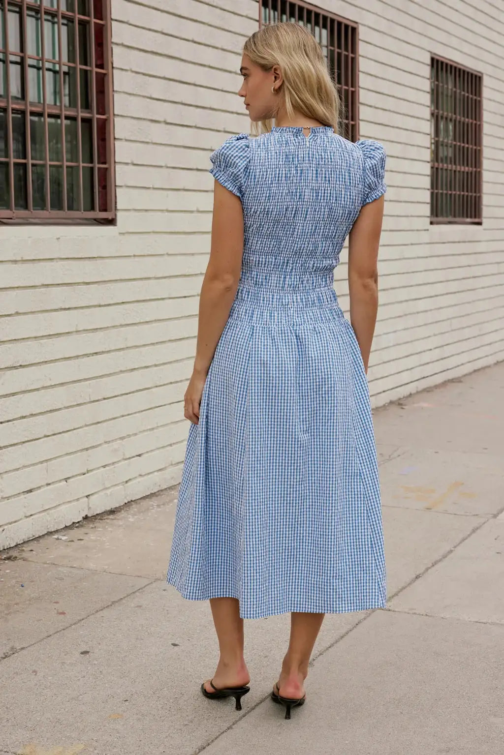 Women Smocked Dress Fashion Elegant Gingham Print Long Midi Dress Female Summer Short Sleeve Crew Neck Spring Dress Streetwear