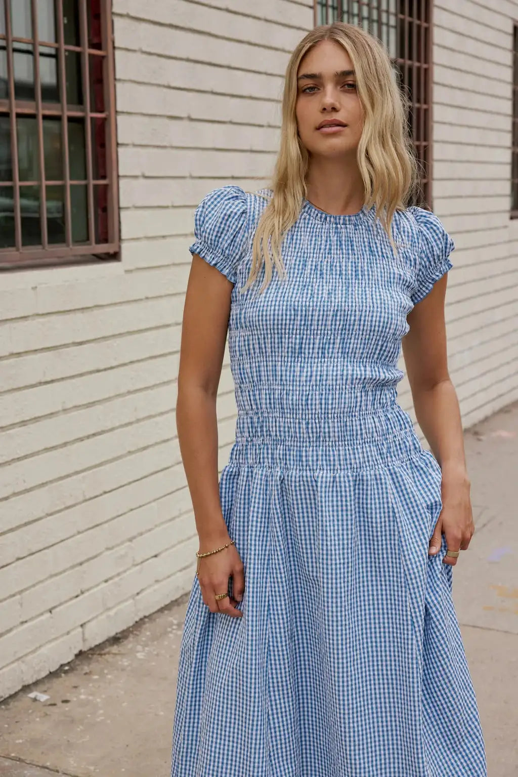 Women Smocked Dress Fashion Elegant Gingham Print Long Midi Dress Female Summer Short Sleeve Crew Neck Spring Dress Streetwear