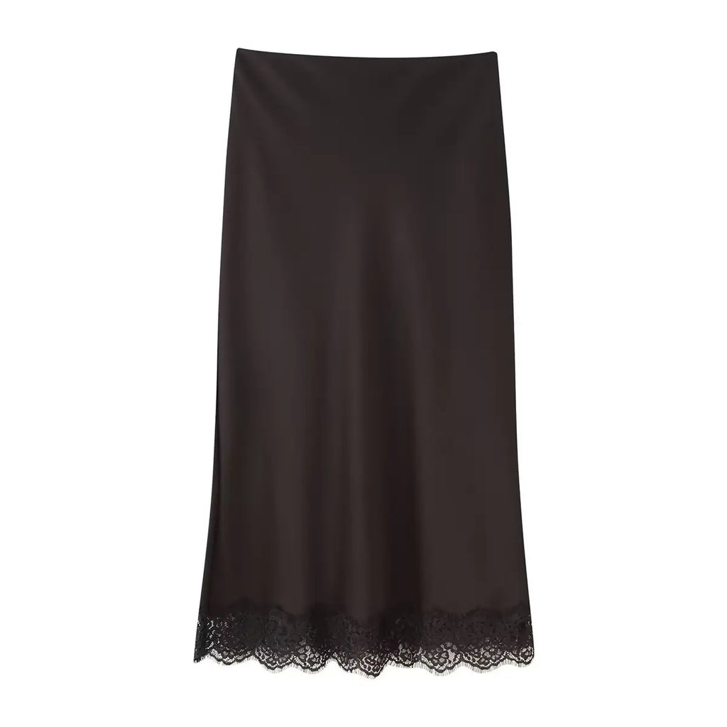 TFMLN Elegant Lace Splice Satin Half Skirt Women's Fashion Wrap Around Long Skirt High Quality Feel New 2025 Style