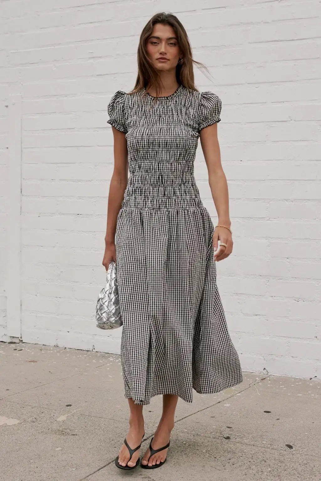 Women Smocked Dress Fashion Elegant Gingham Print Long Midi Dress Female Summer Short Sleeve Crew Neck Spring Dress Streetwear