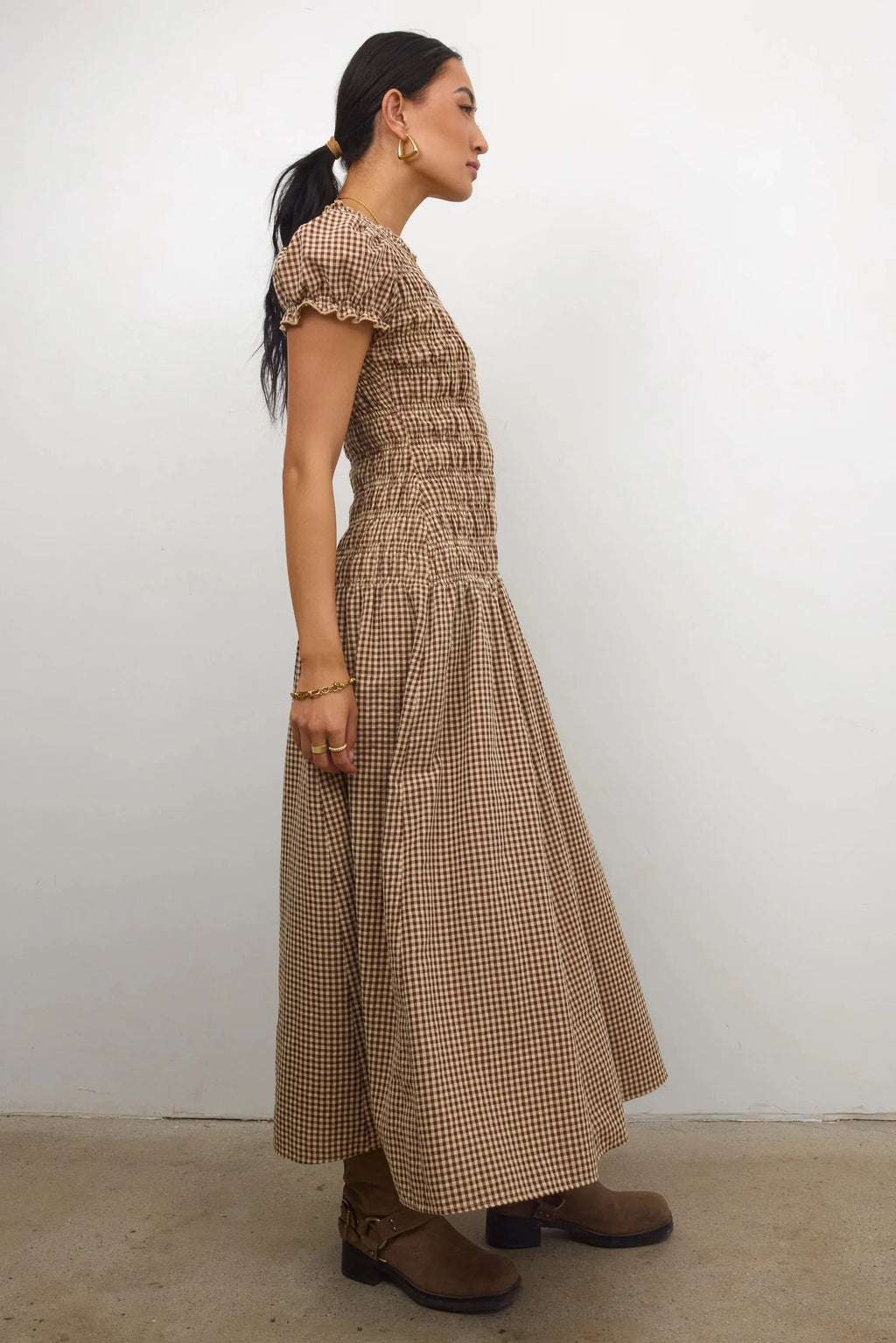 Women Smocked Dress Fashion Elegant Gingham Print Long Midi Dress Female Summer Short Sleeve Crew Neck Spring Dress Streetwear