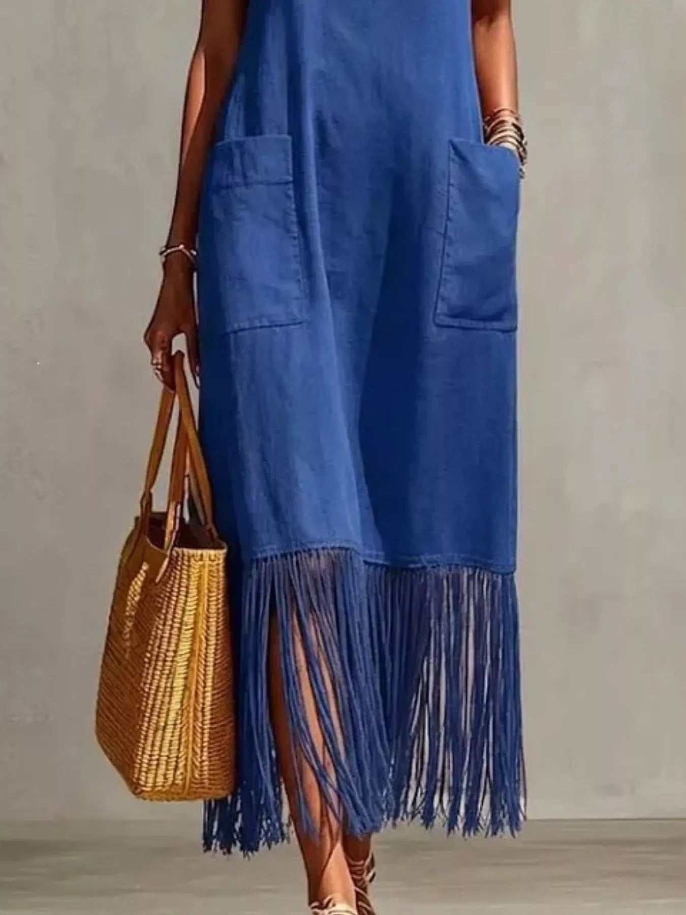 Full Size Fringe V-Neck Spaghetti Strap Dress Plus Size